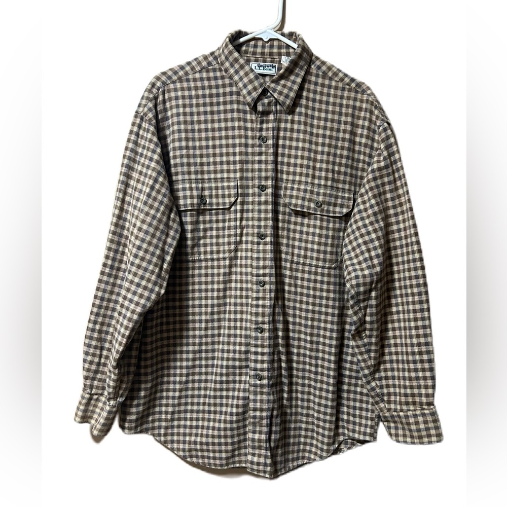 Vintage LL Bean Men's Sz Large Brown Plaid Flannel Outdoor Shirt 100% Cotton